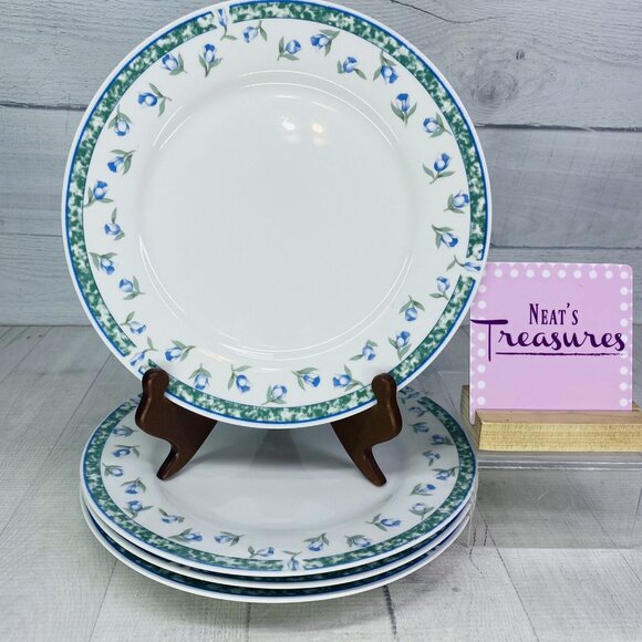 Citation COVENTRY BLUE Green Marble Rim Blue Flower Porcelain Dinner Plate Set 4 - Picture 1 of 16